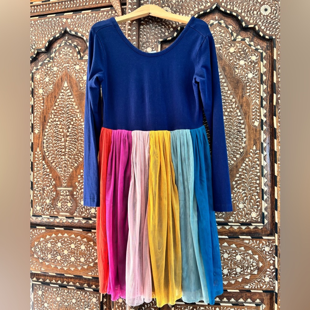 Hanna Andersson Long Sleeve Tulle Rainbow Dress in Navy